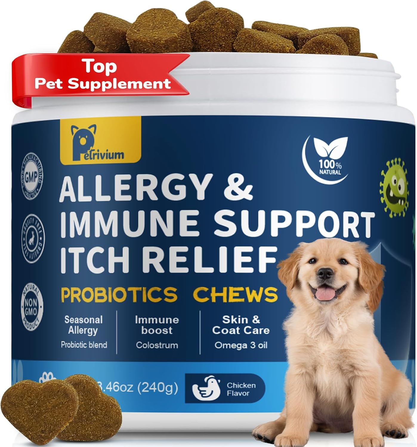 Dogs Allergy & Itch Relief Chews, Dog Probiotics for Itchy Skin and Itchy Ear, Dog Allergy Supplement for Paw Licking, Pet Itching Skin Relief with Colostrum, Fish Oil, Probiotic to Boost Immune 120ct