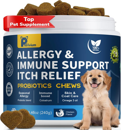 Dogs Allergy & Itch Relief Chews, Dog Probiotics for Itchy Skin and Itchy Ear, Dog Allergy Supplement for Paw Licking, Pet Itching Skin Relief with Colostrum, Fish Oil, Probiotic to Boost Immune 120ct