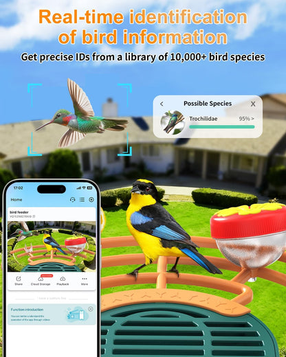 Bird Feeder with Camera, 2K HD Camera Birds Feeder with AI Bird Recognition, Solar Powered Smart Birdfeeder with App Control, Color Night Vision, Gift Box Package, Easy Install & Family Sharing