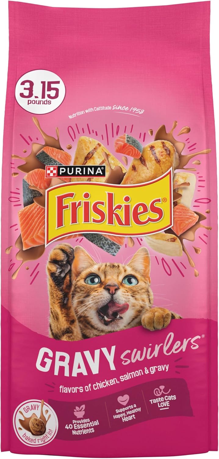Purina Friskies Gravy Swirlers With Flavors of Chicken, Salmon and Gravy Dry Cat Food - 3.15 lb. Bag