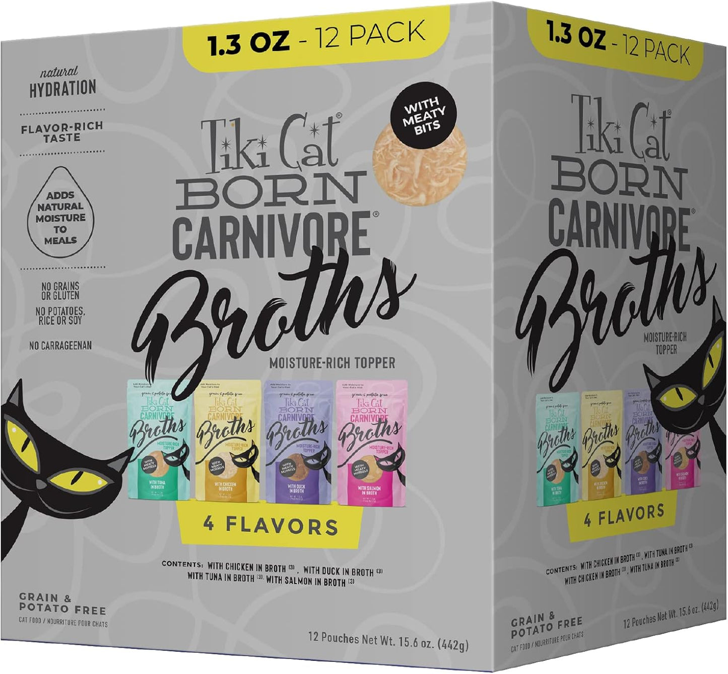 Tiki Cat Born Carnivore Broths Variety Pack, Meaty Bites, Hydration and Flavor Supplement Wet Cat Food Topper, 1.3 oz. Pouch (Pack of 12)