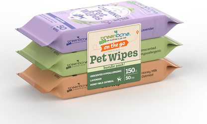 Greenbone On-The-Go Pet Wipes Bundle Pack - 150 Total Wipes (50 Each of Unscented, Lavender, Honey Milk Oatmeal) - Gentle Cleaning for Dogs and Cats