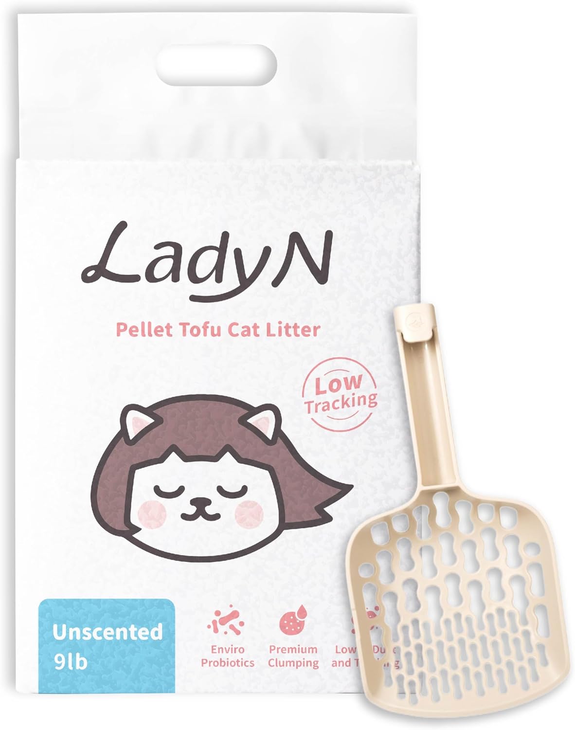 Lady N Ultimate Cat Litter Bundle: Pellet Tofu Cat Litter (Unscented 9lb) + Infinity Scoop, Dust-Free, Low Tracking, Odor Control, with Scoop Designed for Tofu Litter