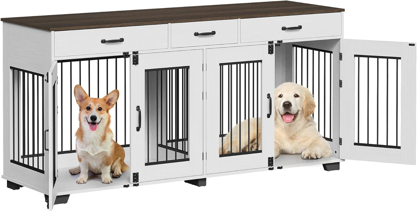 71" Double Dog Crate Furniture, Rustic Indoor Kennel with Removable Divider and 3 Storage Drawers for Medium Large Dogs