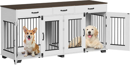 71" Double Dog Crate Furniture, Rustic Indoor Kennel with Removable Divider and 3 Storage Drawers for Medium Large Dogs