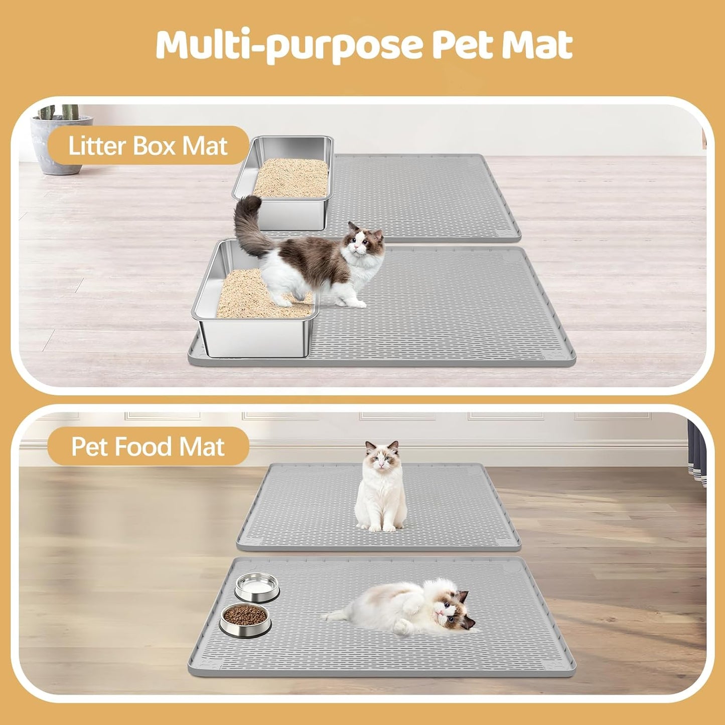 Cat Litter Mat, 2 Pack Large 34" x 22" Silicone Mat Litter Trapping Mat for Scatter Control, Soft on Kitty Paws, Easy to Clean (Light Grey)