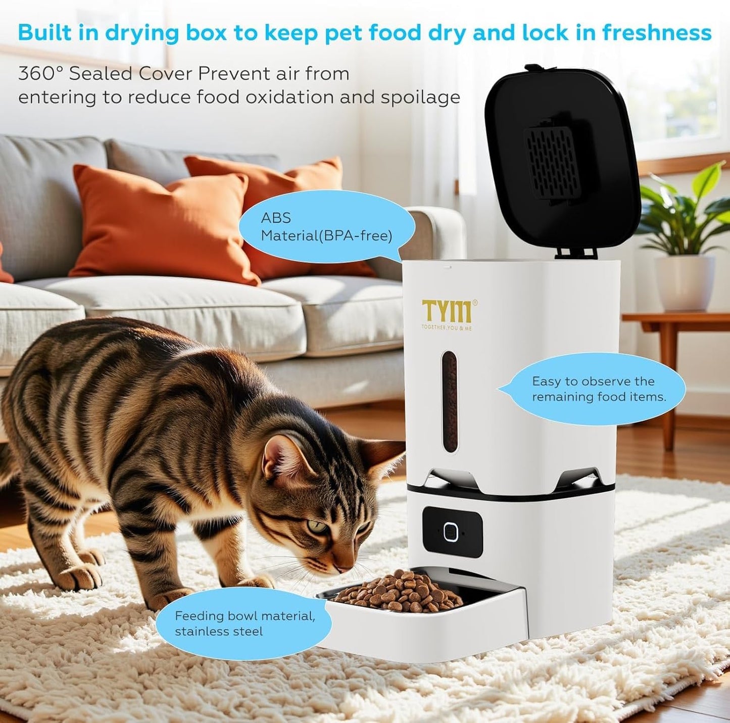 TYM Automatic Cat Feeder, 7L Cat Food Dispenser with 2.4G WiFi, Timed Cats Feeder with APP Control, Auto Pet Food Dispenser for Small Pets, Dogs, Fresh Food, Dual Power Supply, Detachable for Easy