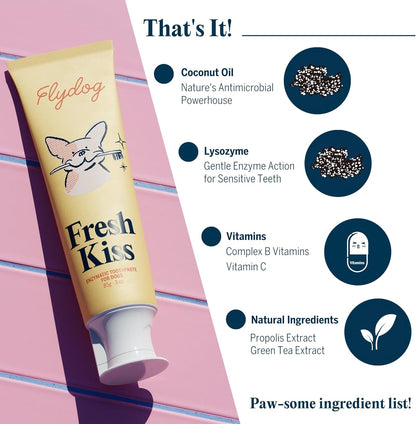 FlyDog Fresh Kiss Dog Tooth Brushing Kit - Vet Approved Formula, Enzymatic Dog Toothpaste and Brush - Breath Freshener & Tartar Remover, 360° Toothbrush & Finger Brush, Dental Guide, Chicken Flavor