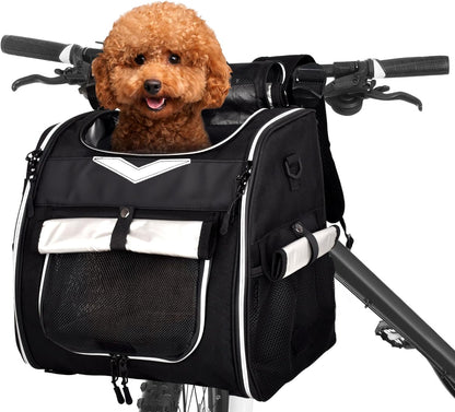 Dog Bike Basket Foldable Pet Bike Carrier Backpack with Safety Strap, Waterproof Pet Bicycle Basket for for Small Cats Kitten Puppy Dogs (Black