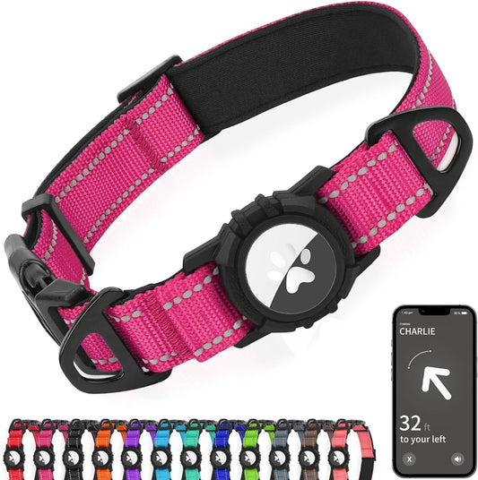 Joytale Airtag Dog Collar, Reflective Pet Collar with Waterproof AirTag Holder, Dual D-Rings, Soft Padded Adjustable for Medium Dogs, Hotpink, M