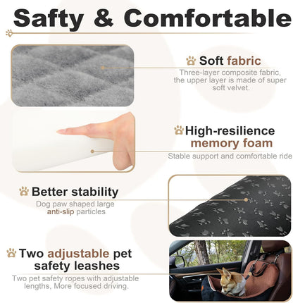 Car Dog Booster Seat,Interior Height 7 Inches Elevated for Small Dog up to 35 lbs,Pet Car Travel Safety Seat with 2 Safety Leashes,Storage Pockets,Non-Slip Bottom(Lookout-Black Outside Grey Inside)