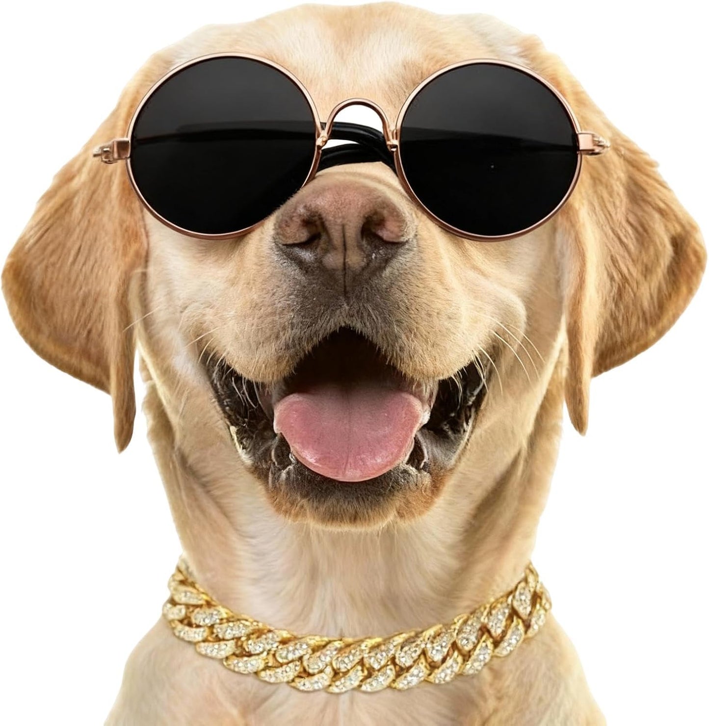 Dog Sunglasses with Rhinestone Diamond Chain Necklace, Cool Glasses Dog Collar Necklace for Cats Dogs Doll, Metal Sunglasses Gold Chain Funny Cute Costumes for Small Pet Holiday Party Costume