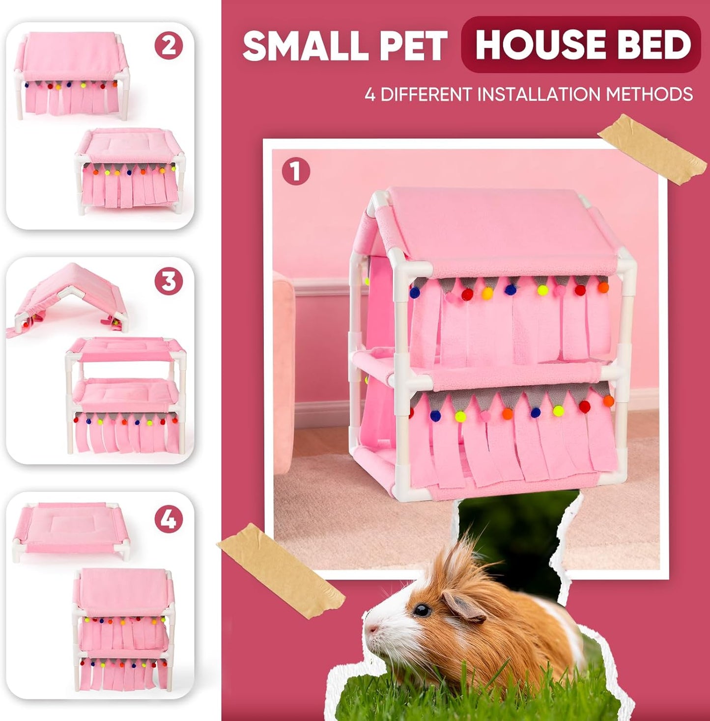 Guinea Pig Loft Bed - Small Pet Bunk Bed, Guinea Pig Hammock with Fleece Forest Hideout, Ideal for Rabbits, Ferrets and Chinchillas, Pink