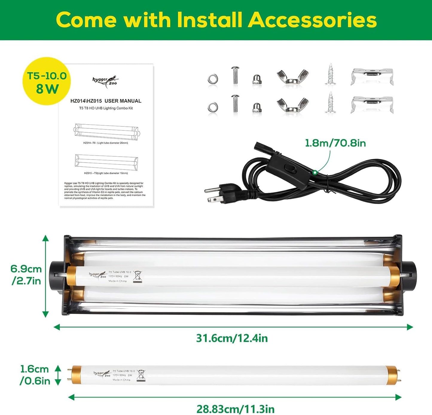 T5 UVB Reptile Light Fixture HO UVB Bulb Lighting Combo Kit, 10.0 UVB Light for Reptiles Terrarium Hood with 8W Reptile Light Bar UVA UVB Desert Lamp for Bearded Dragon Turtle Tank, 12 Inch