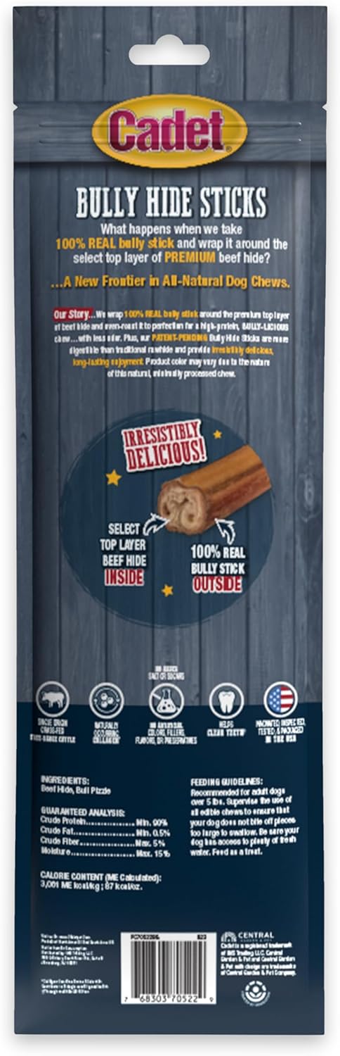 Cadet Bully Hide Sticks for Large Dogs, All-Natural Beef Pizzle, Limited-Ingredient Long-Lasting Dog Chews for Aggressive Chewers, 2 Count