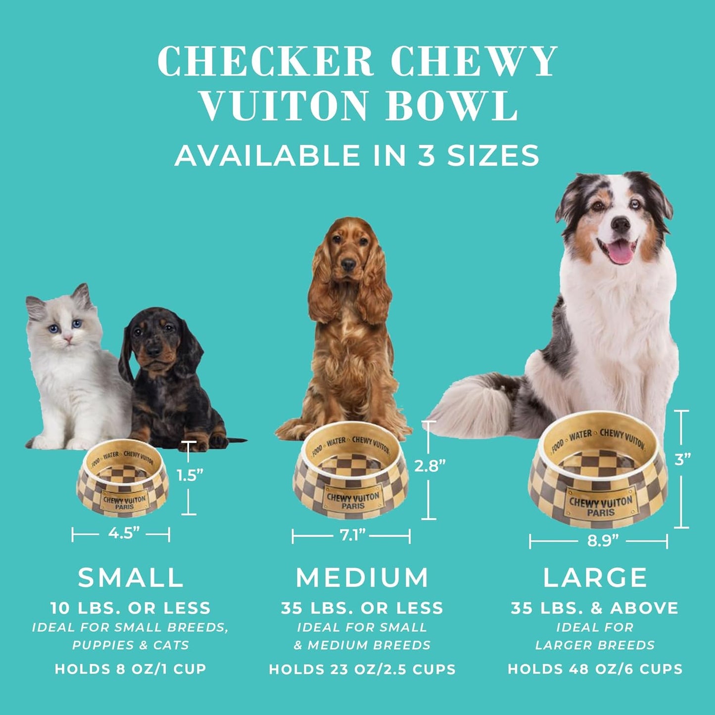 Haute Diggity Dog Checker Chewy Vuiton Dog Bowl & Placemat, BPA-Free Food & Water Bowls, Non-Skid, Dishwasher Safe, Includes Food Mat, Medium Size, Case of 2.