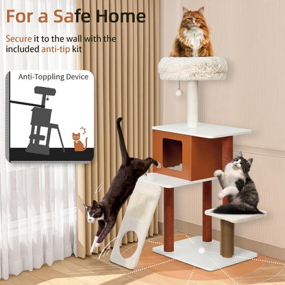 Premium 50in Modern Cat Tree with Solid Wood Frame - Multi-Level Activity Center for 3-5 Small to Medium Cats, Featuring Paper Rope Scratching Posts, Plush Top Perch, Enclosed Condo & Hanging Toy