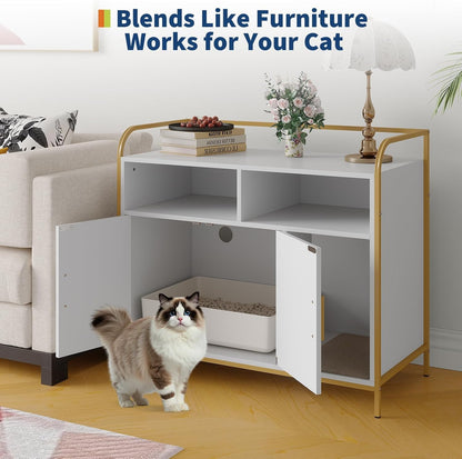 Modern Cat Litter Box Enclosure Side Table with Metal Frame, Hidden Litter Cabinet & Dual Storage Shelves, Indoor Cat House Furniture for Living Room & Bedroom, White