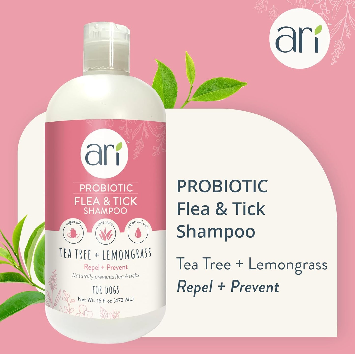 Ari Probiotic Flea & Tick Shampoo for Dogs (16 oz) – Natural Control with Tea Tree & Lemongrass – pH-Balanced, Soothes Itchy Skin, Sulfate-Free