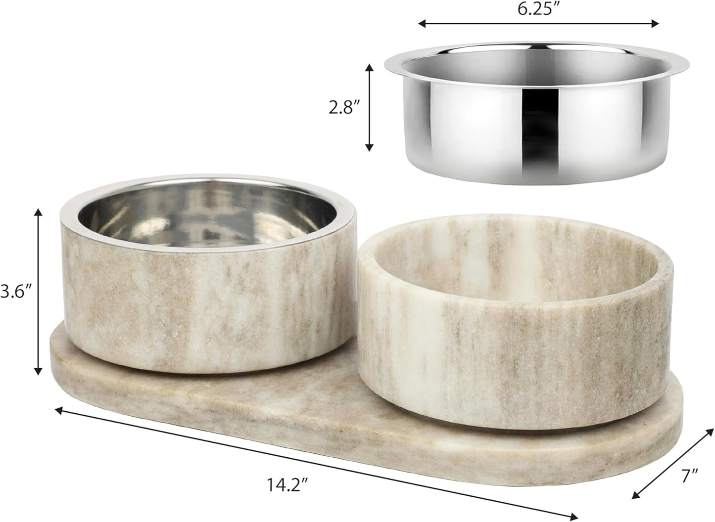 DBL1000E Marbre Small/Medium Modern Weighted Double Marble and Stainless Steel Bowl 12oz (1.5 Cups) Feeder with Non-Slip Marble Tray Set, Gray/Brown