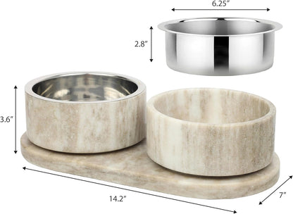 DBL1000E Marbre Small/Medium Modern Weighted Double Marble and Stainless Steel Bowl 12oz (1.5 Cups) Feeder with Non-Slip Marble Tray Set, Gray/Brown