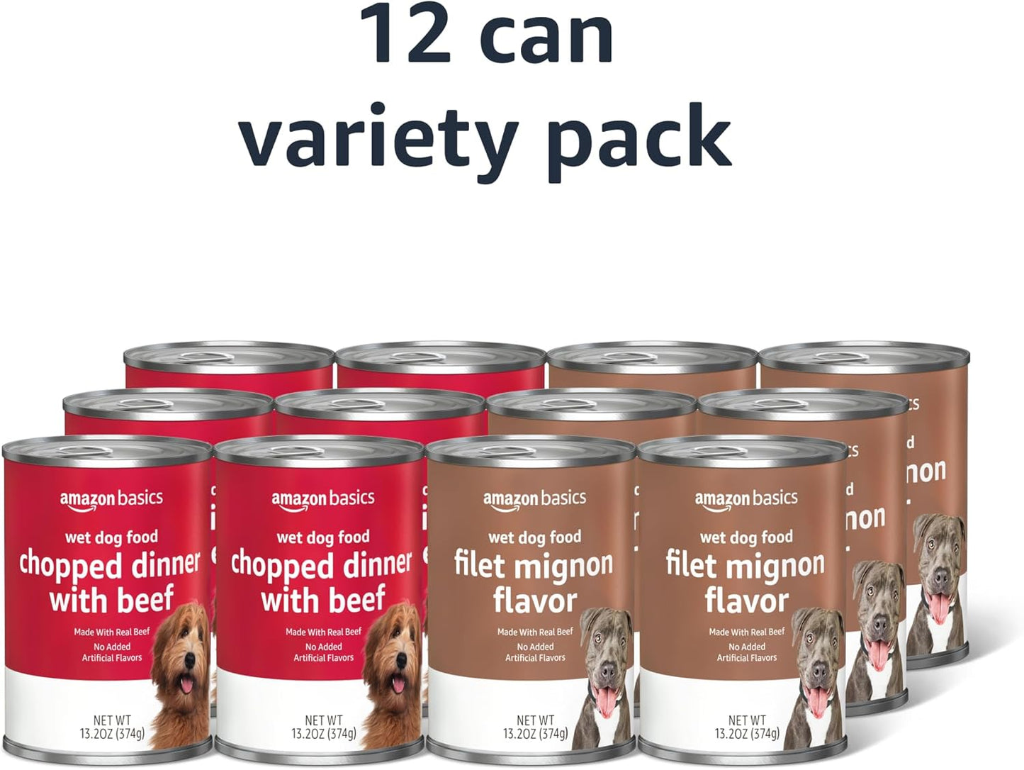 Amazon Basics Chopped Ground Dinner Wet Dog Food Variety Pack, Filet Mignon Flavor and with Beef, Made with Natural Ingredients, 13.2oz Cans (Pack of 12)