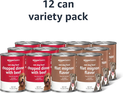 Amazon Basics Chopped Ground Dinner Wet Dog Food Variety Pack, Filet Mignon Flavor and with Beef, Made with Natural Ingredients, 13.2oz Cans (Pack of 12)