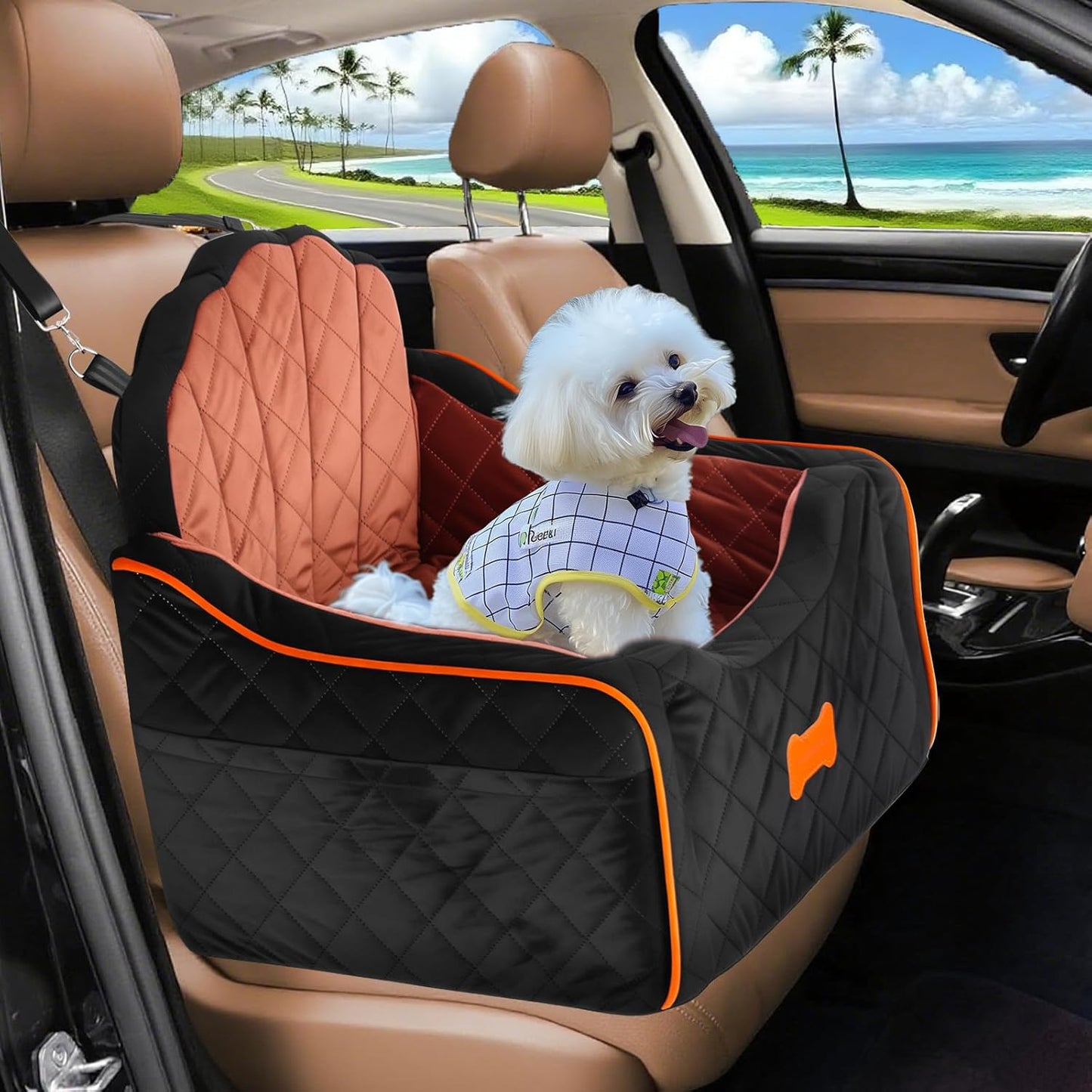Dog Car Seat for Small Dogs Under 30lbs, Detachable Washable Pet Booster Seat with Safety Belt & Storage Pockets, Travel Car Bed, Black/Brown