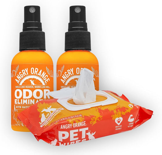 ANGRY ORANGE Pet Care Bundle – Unscented Grooming Wipes (80 Count) + 2oz Pet Odor Eliminator (2 Pack)