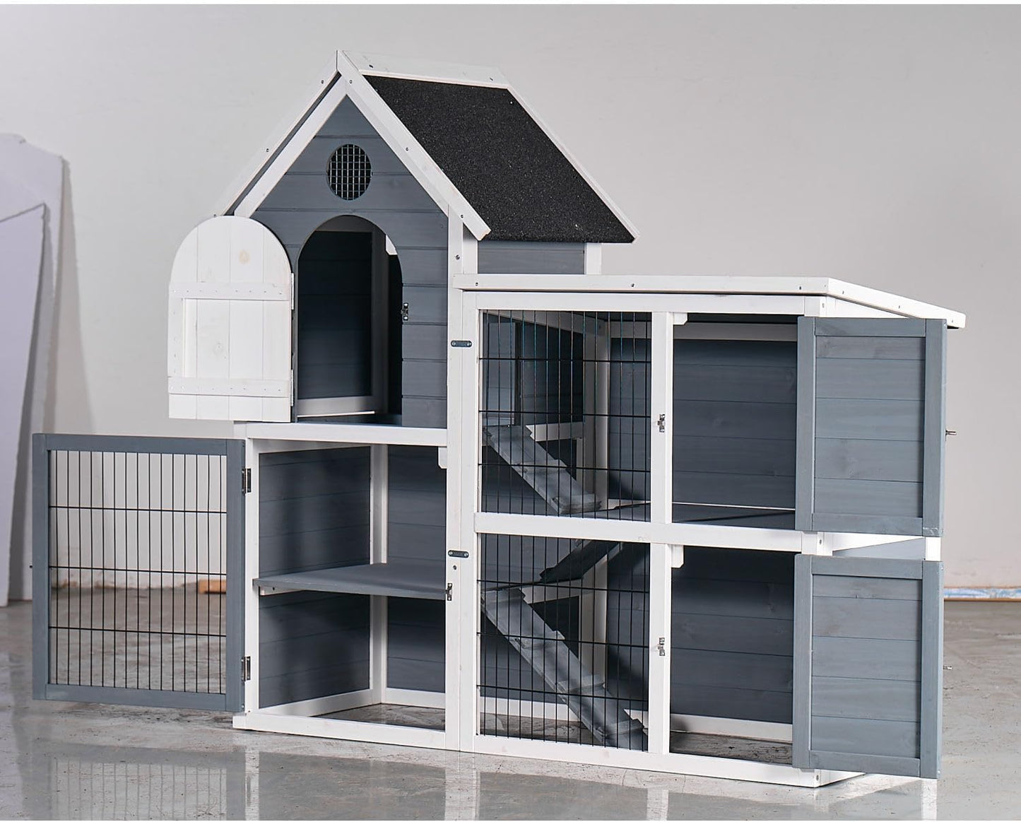 Large Outdoor Chicken Coop Cage Weather-Resistant 2-Story Wooden Pet House with No-Leak Tray Indoor/Outdoor Rabbit Hutch Grey & Beige Gray+White