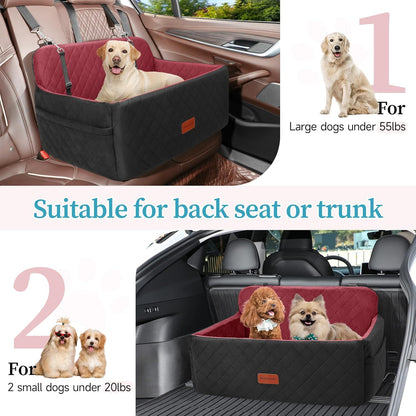 Dog Car Seat for Medium/Large Dogs, Pet Booster Seat for Under 55 lbs or 2 Small Dogs, Detachable & Washable Dog Car Bed for Backseat with 2 Safety Leashes (Blcak/red)