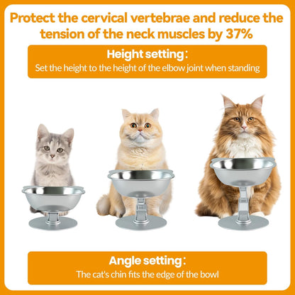 BEAVE NIUNIU Alloy Elevated Cat Bowl - Height & Angle Adjustable Raised Food Water Bowl Stand, 330ml Stainless Steel Dish, 7.9in Max Height Stable Pet Feeder for All Cat Sizes