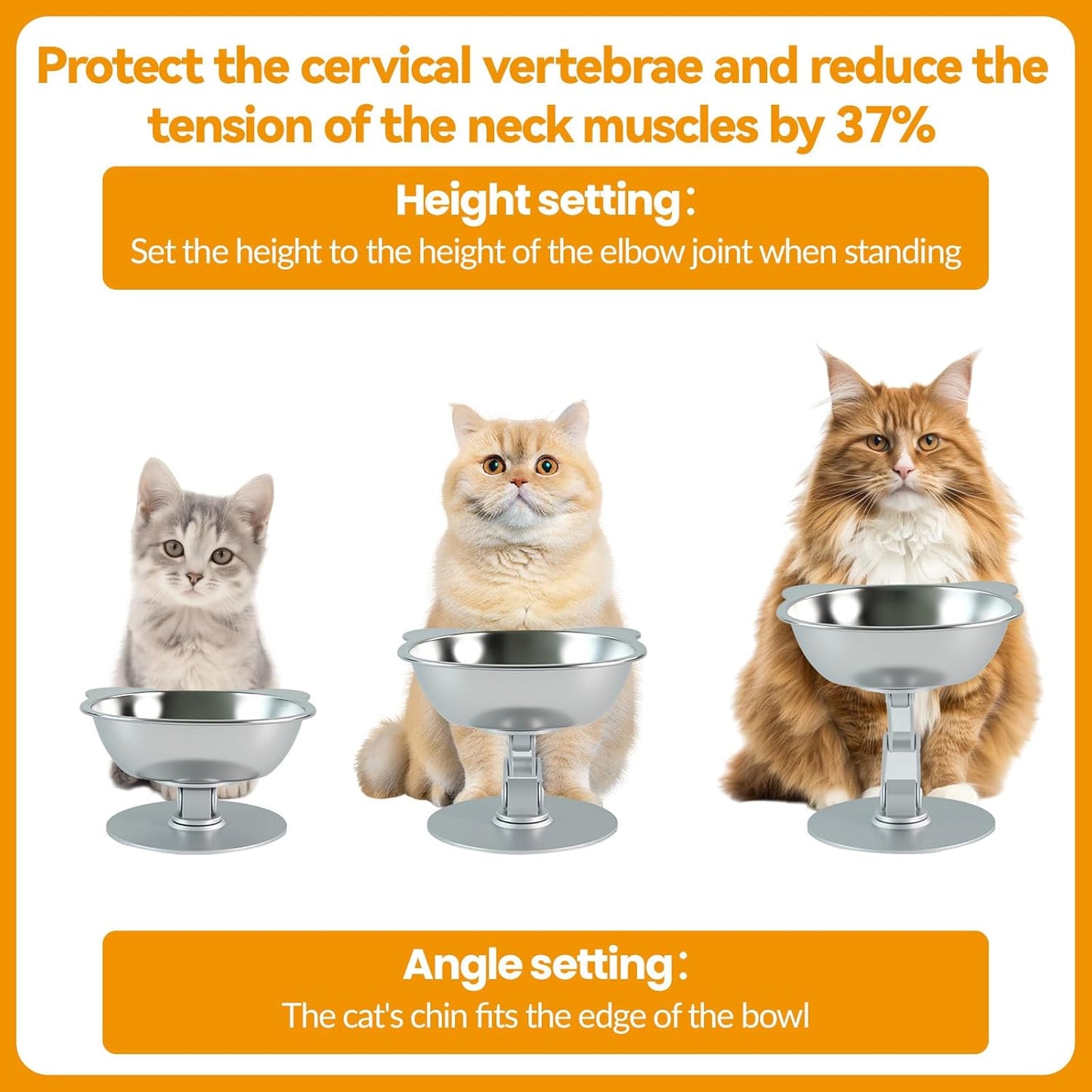 BEAVE NIUNIU Alloy Elevated Cat Bowl - Height & Angle Adjustable Raised Food Water Bowl Stand, 330ml Stainless Steel Dish, 7.9in Max Height Stable Pet Feeder for All Cat Sizes