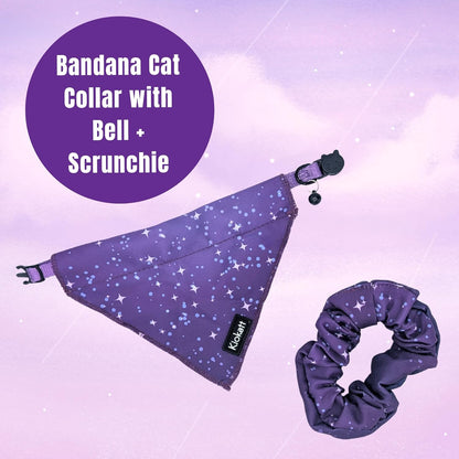 Breakaway Cat Collar with Removable Bandana – Purple Galaxy Stars – Adjustable 7.5–11" Safety Collar + Matching Scrunchie for Pet Parent – KioKatt Pawsome Pair