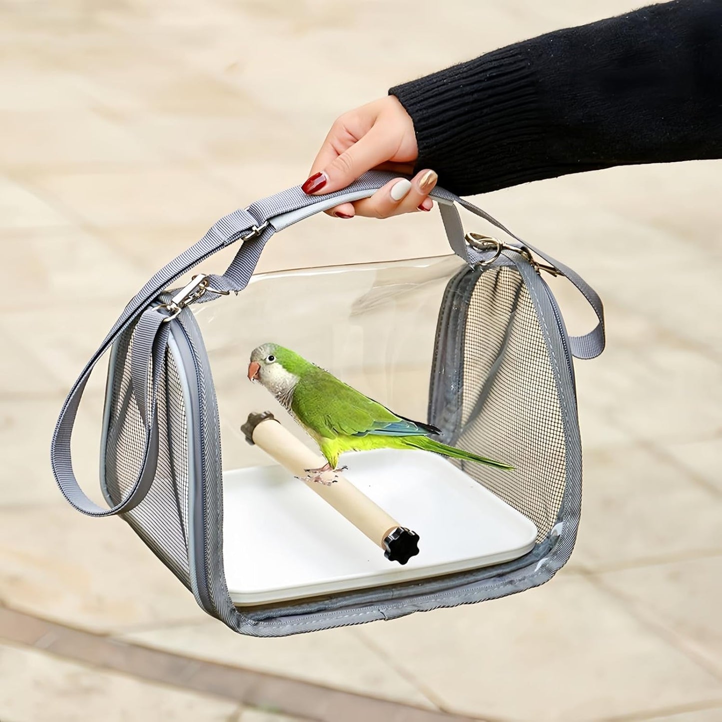 Portable Small Bird Travel Cage Carrier, A Convenient Go Out Solution for Various Birds and Lizard, Featuring a Standing Perch and Comfortable Mat (with Tray).
