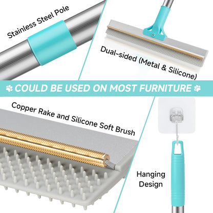 Carpet Rake for Pet Hair Removal Tool, Reusable Pet Hair Remover Broom, Dog&Cat Hair Remover Scraper Rake with 54” Adjustable Long Handle, 3 Pcs Carpet Brush Rake for Rugs, Mats, Couch, Furniture