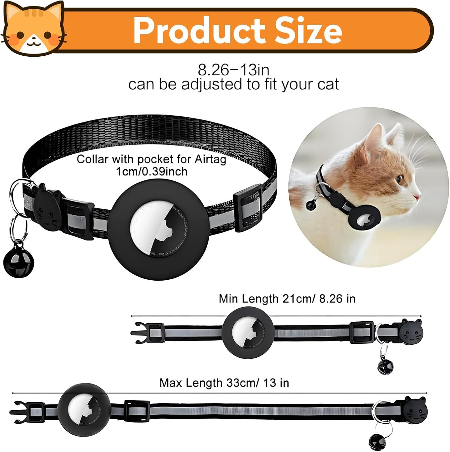 Airtag Cat Collar with Bell, Reflective Nylon Kitten Collar with Apple Air Tag Holder and Breakaway Safety Buckle for Puppy Girl Boy Cats, 3/8" in Width and Lightweight, Black