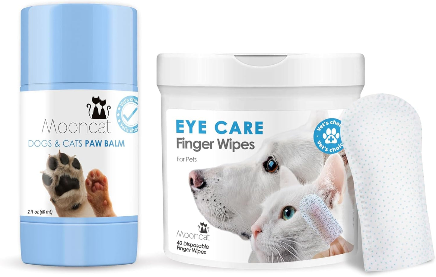Mooncat Pet Eye Wipes and Paw Balm Bundle, 40 Count Finger Cot Tear Stain Remover, 2oz Lick Safe Natural Moisturizer for Dry Cracked Pads and Nose