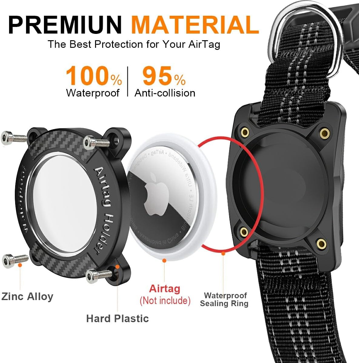 AirTag Dog Collar, IPX8 Waterproof Air Tag Dog Collar Holder, Reflective, Durable, Comfortable Padded GPS Collars for Small Medium Large Dogs, Black, L