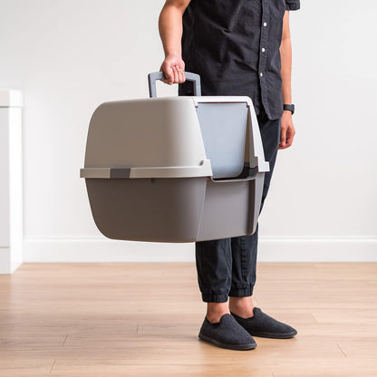 IRIS USA Cat Litter Box, Large Litter Box Enclosure with Front Door Flap and Scoop, Covered Kitty Litter Box with Handle and Buckles for Portability and Privacy, Gray