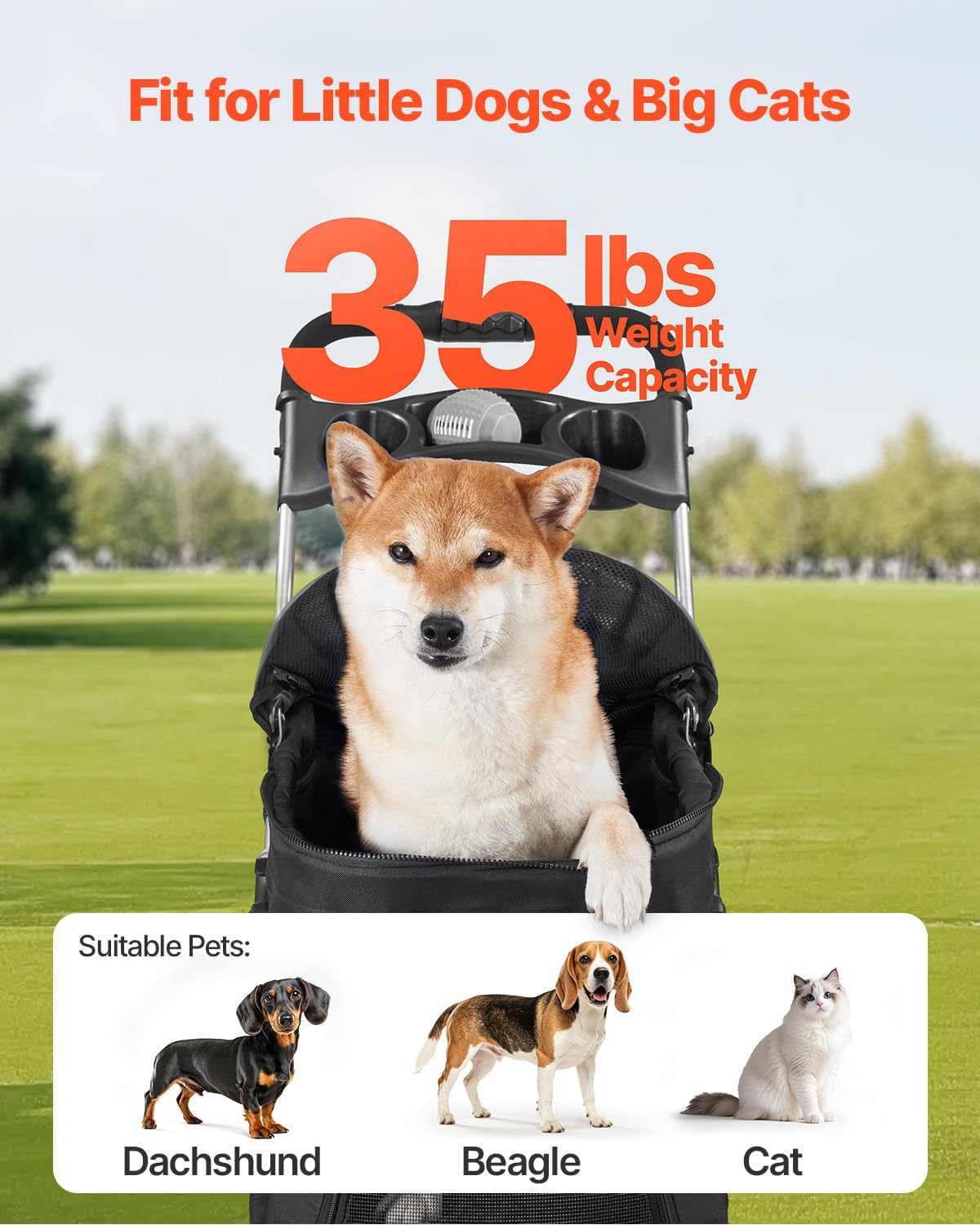 VEVOR Pet Stroller, 35 lbs Weight Capacity, Foldable Dog Stroller Cart, 4 Wheels Cats Strollers with with Detachable Carrier & Mesh Windows, Portable Design with Brake for Small to Medium Pets