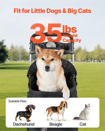 VEVOR Pet Stroller, 35 lbs Weight Capacity, Foldable Dog Stroller Cart, 4 Wheels Cats Strollers with with Detachable Carrier & Mesh Windows, Portable Design with Brake for Small to Medium Pets