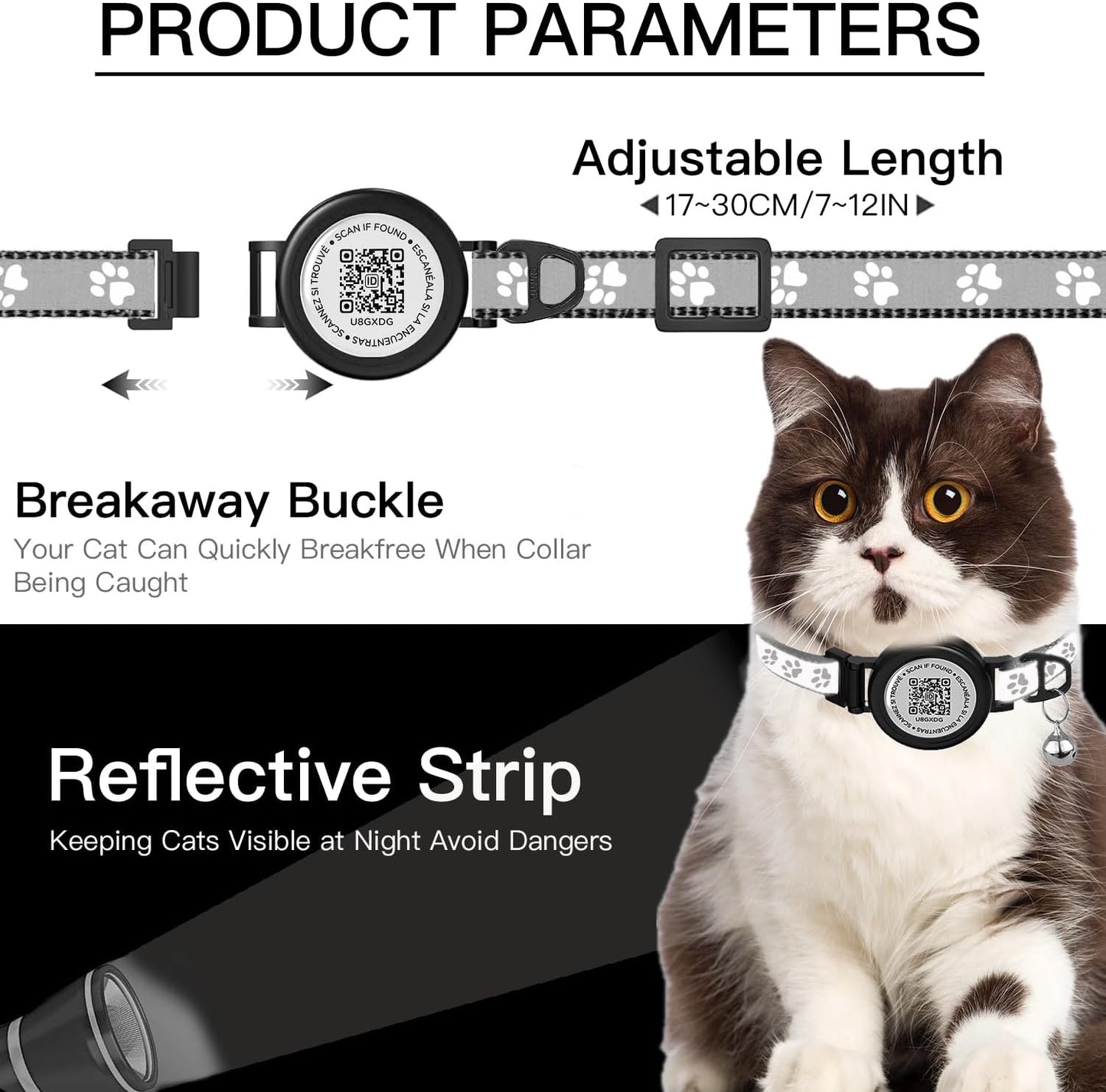 Waterproof Airtag Cat Collar with QR TAG & Reflective, Footprints Pattern, Lightweight Kitten Collar for Apple AirTag, Hidden GPS Tracker Holder for Cats, Kittens (Black)(7-12”)