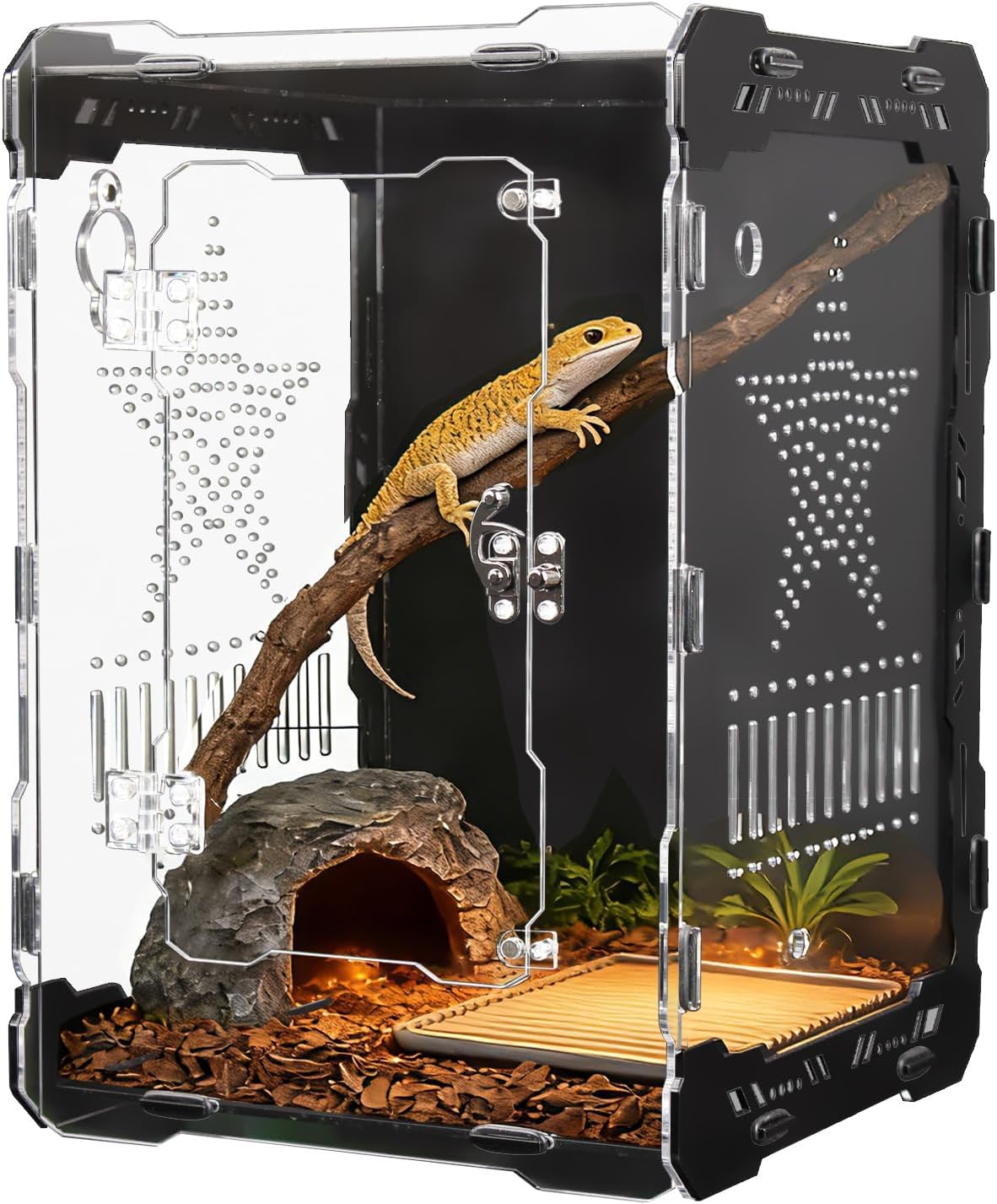 14x10x10 Inch Mechanical Frame Acrylic Terrarium - Front Opening Reptile Enclosure with Magnetic Feeder & Cable Ports, Escape-Proof Habitat for Tarantulas, Mantis, Geckos & Scorpions