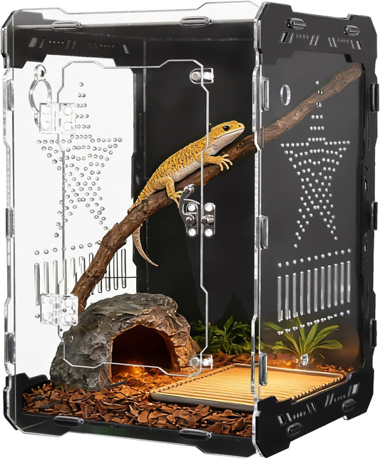14x10x10 Inch Mechanical Frame Acrylic Terrarium - Front Opening Reptile Enclosure with Magnetic Feeder & Cable Ports, Escape-Proof Habitat for Tarantulas, Mantis, Geckos & Scorpions