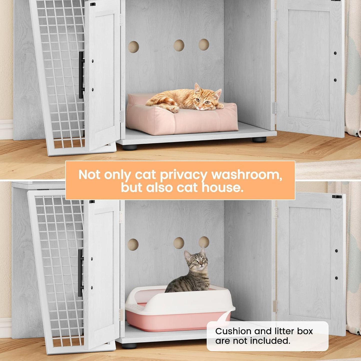 GAOMON Cat Litter Box Enclosure with Platform, Double Layer Hidden Cat House Furniture, Modern Indoor Cat Villa with Ladder, Kitty Washroom Cabinet for Indoor Cats - White