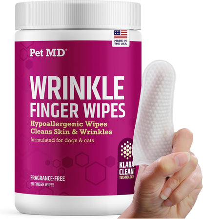 Pet MD Wrinkle Finger Wipes for Dogs & Cats - Dog Tear Stain Remover and Debris Cleaner for Skin Folds - Fragrance-Free & Hypoallergenic Grooming Wrinkle Wipes French Bulldog, Pug, and More - 50ct