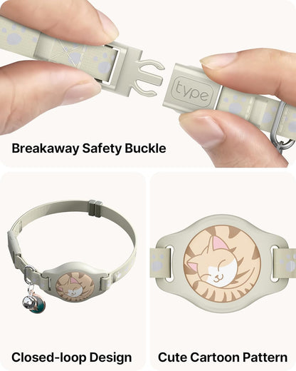 Cat Tracker Collar - Waterproof Airtag Cat Collar with Finder Tag (iOS ONLY), Compatible with Apple Find My, Breakaway Tractive Design with Reflective Pattern & Bell, Khaki(Not for Android Devices)