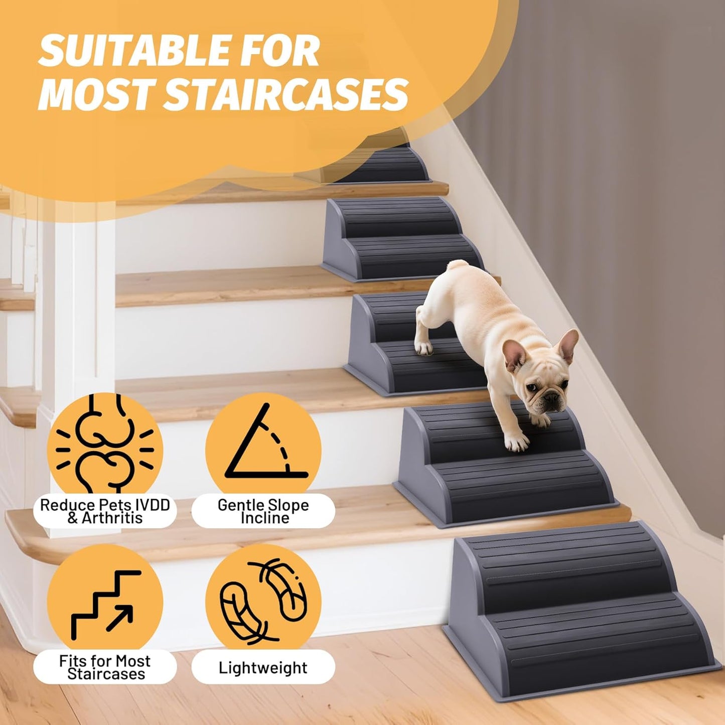 2-Step Modular Dog Ramp - Portable Non-Slip Stairs for Small Dogs with High Support, 9.5" D Lightweight Plastic Pet Steps Fits Staircase Indoor, Ideal for Elderly Injured Pets (6-Pack, Grey)