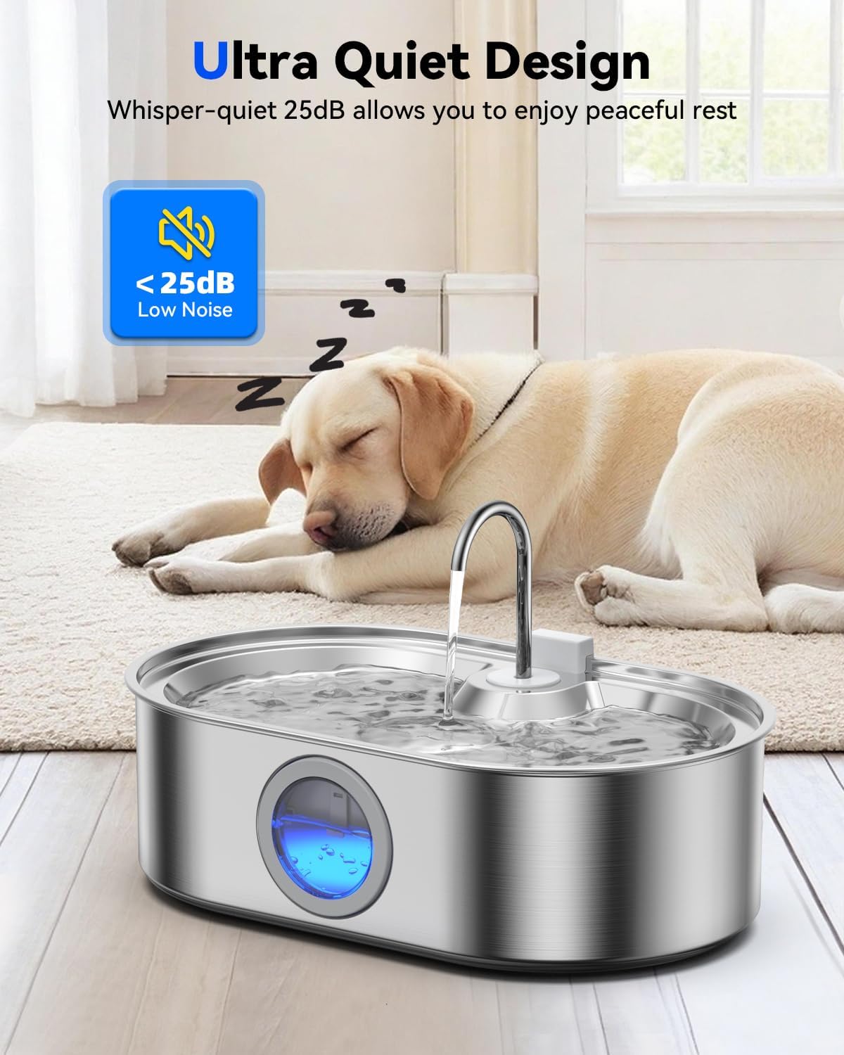 3.4Gal Dog Water Fountain for Large Dogs, 13L Stainless Steel Large Pet Fountain with Deeper & Wider Drinking Area, Automatic Dog Water Bowl Dispenser with Water Window & LED, Super Quiet